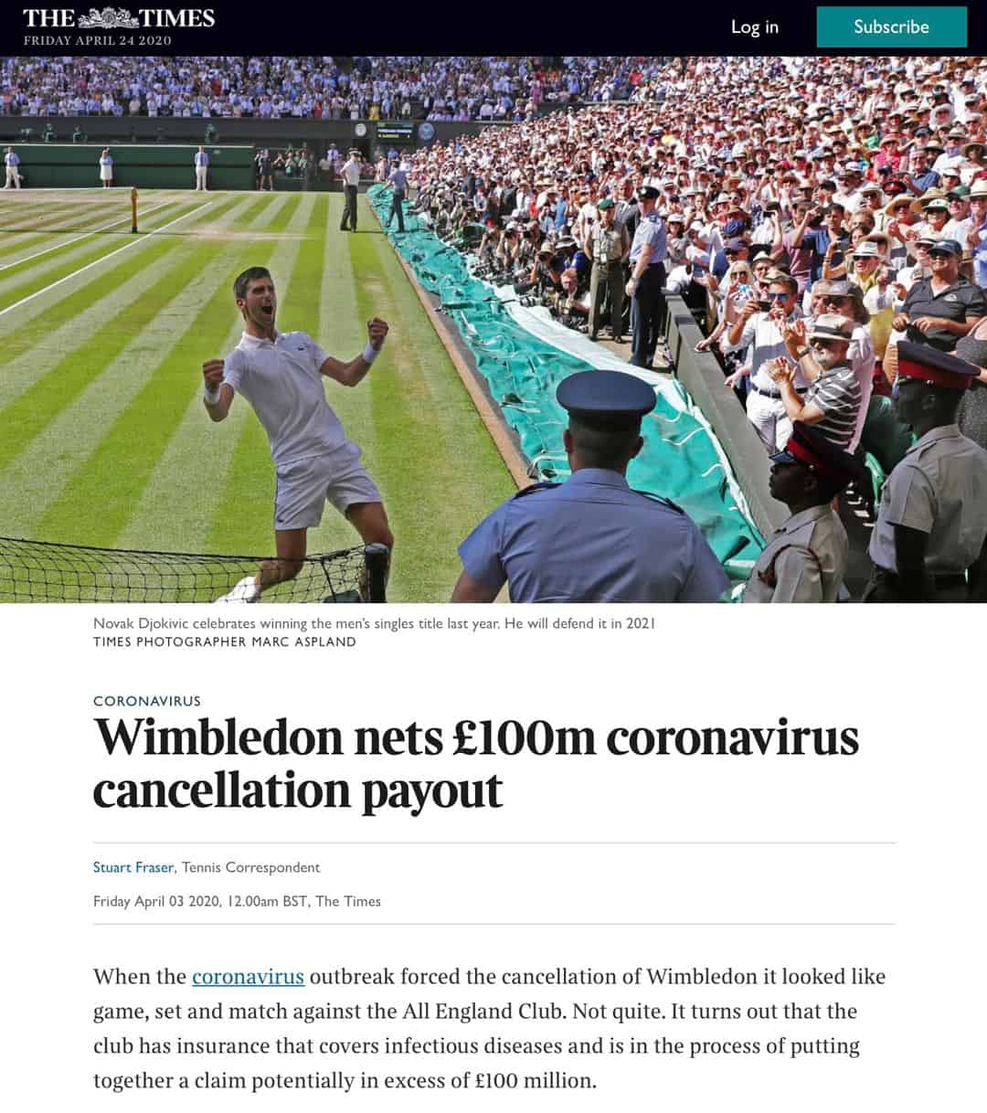 The Times - Wimbledon nets £100m coronavirus cancellation payout