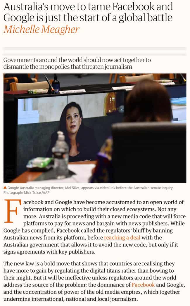 The Guardian - Australia’s move to tame Facebook and Google is just the start of a global battle