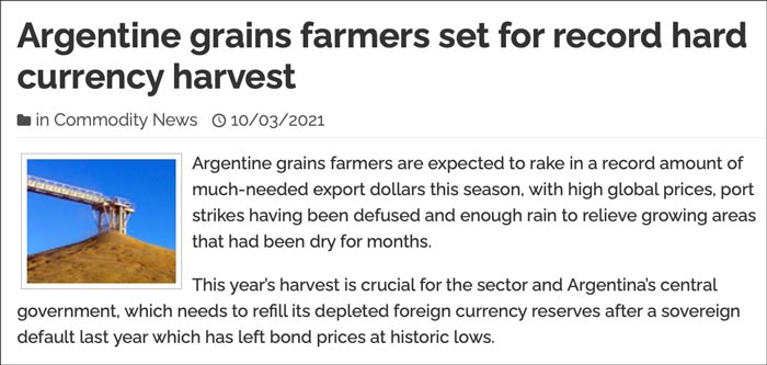 Argentine grains farmers set to record hard currency harvest