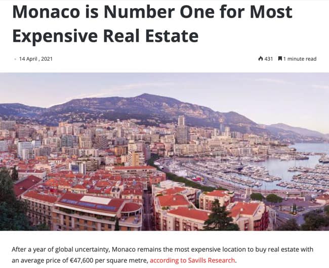 Monaco is number one for most expensive real estate