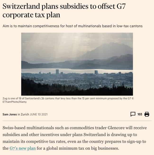 Switzerland plans subsidies to offset G7 corporate tax plan