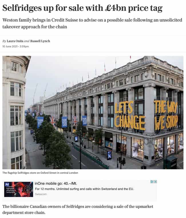 Selfridges up for sale