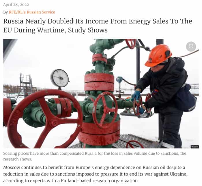 Russia nearly doubled its income from energy sales