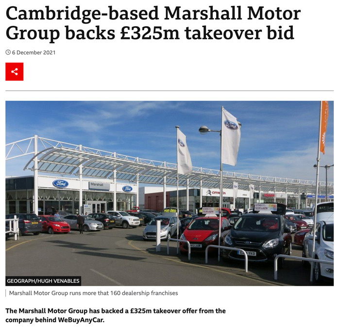 Cambridge-based Marshall Motor Group backs takeover bid