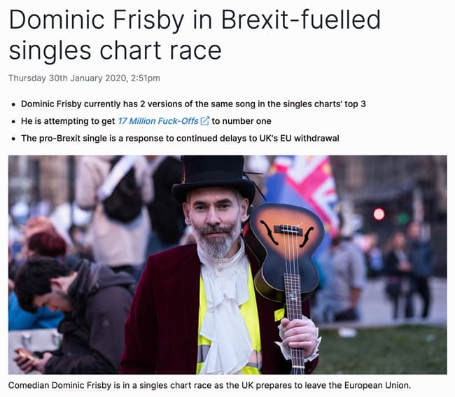 Dominic Frisby in Brexit-fuelled singles chart race