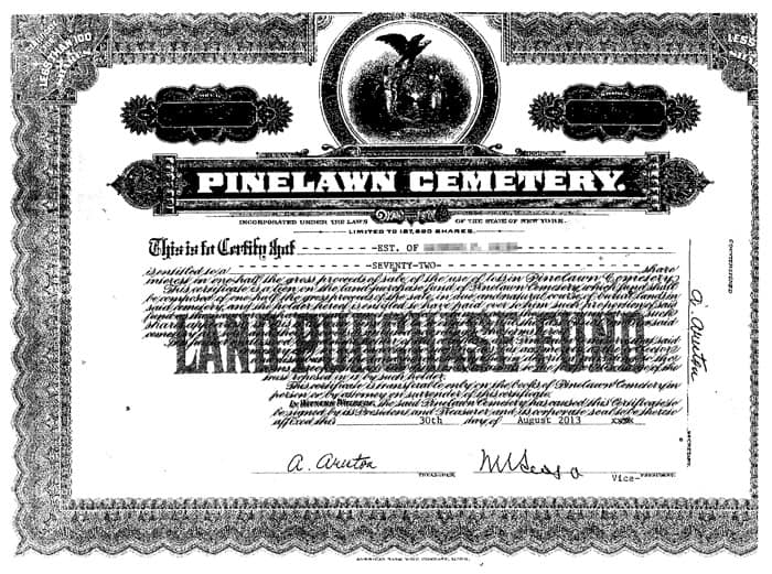 Pinelawn Cemetery land share certificate
