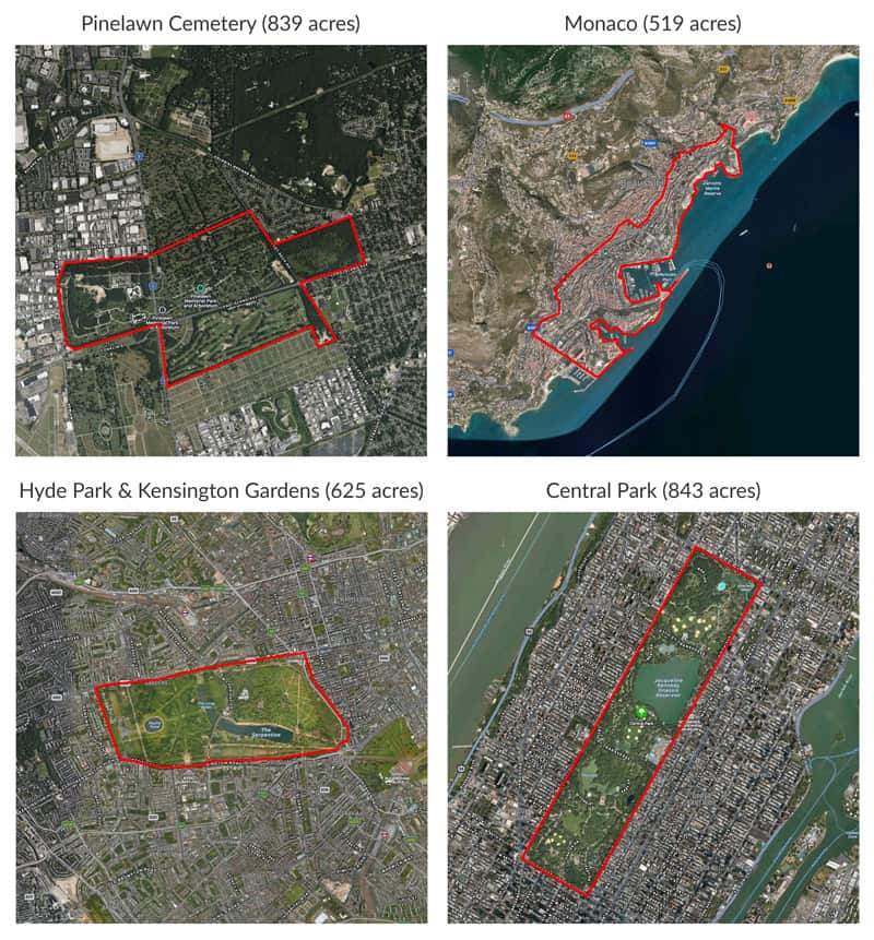 Comparing the size of Pinelawn Cemetery 