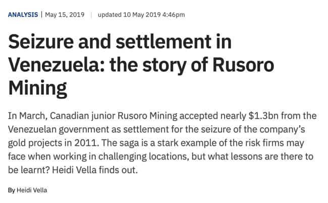 Seizure and settlement in Venezuela - the story of Rusoro Mining