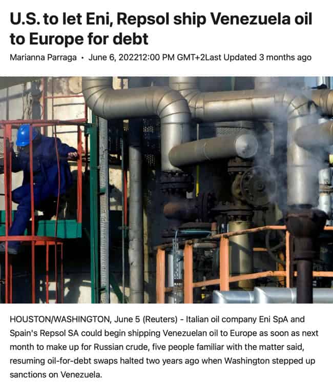 US to let Eni Repsol ship Venezuela oil to Europe for debt