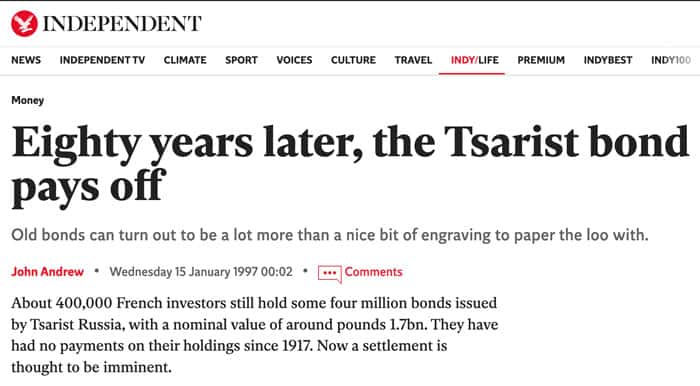 Independent - Eighty years later the Tsarist bond pays off