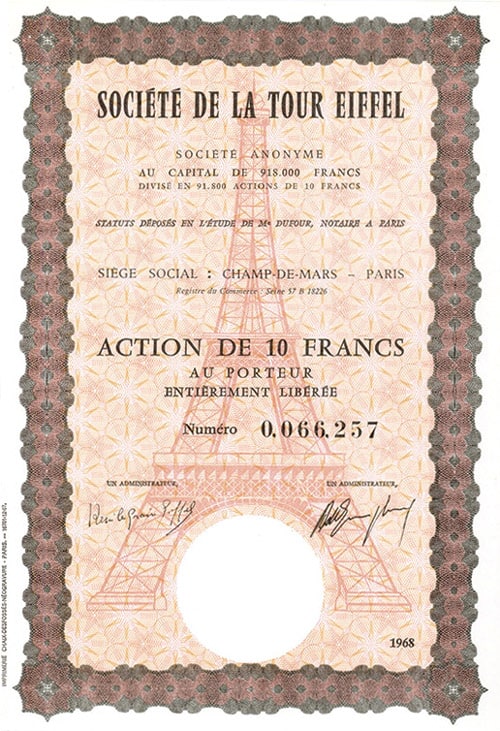 The 1889 Société de la Tour Eiffel stock certificate