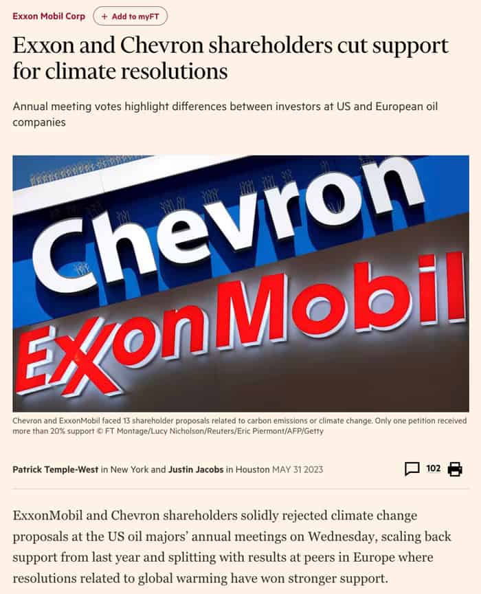 Exxon and Chevron shareholders cut support for climate resolutions