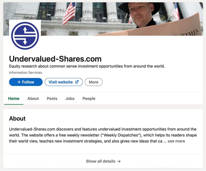 LinkedIn account of Undervalued-Shares.com