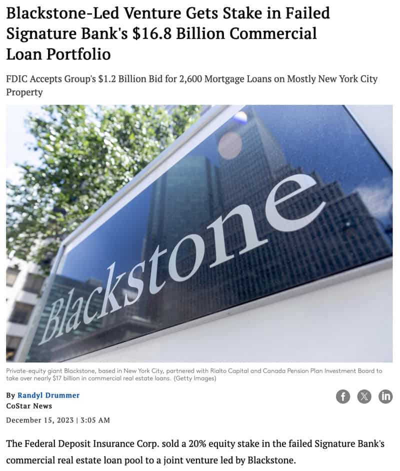 Blackstone-Led Venture Gets Stake in Failed Signature Bank's $16.8 Billion Commercial Loan Portfolio