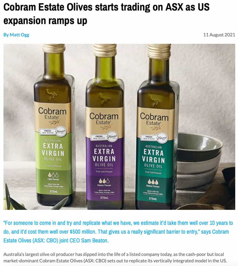 Cobram Estate Olives starts trading on ASX as US expansion ramps up