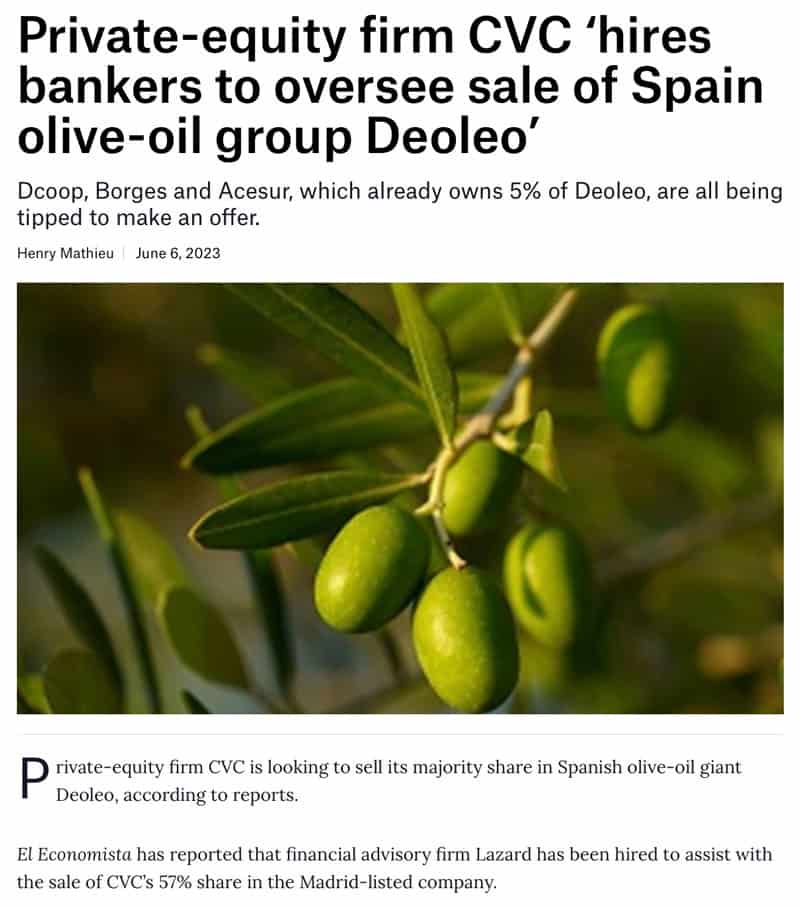 Private-equity firm CVC ‘hires bankers to oversee sale of Spain olive-oil group Deoleo’