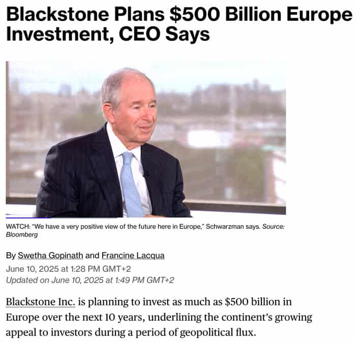 Blackstone plans $500 billion Europe investment, CEO says
