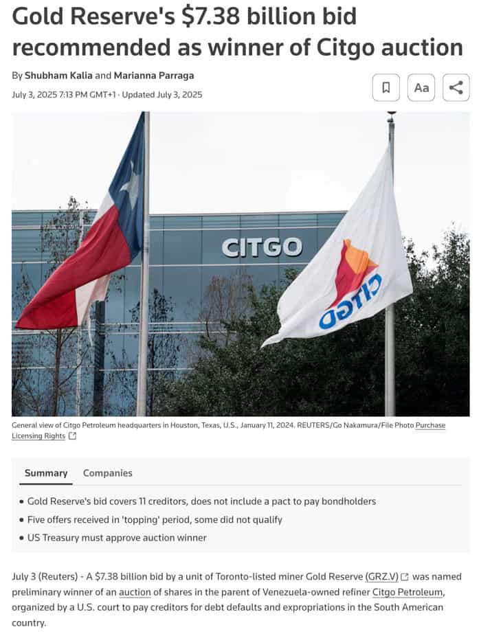 Gold Reserve's $7.38 billion bid recommended as winner of Citgo auction