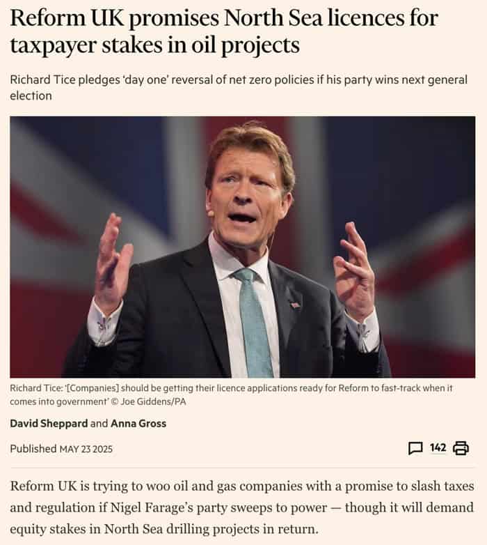 Reform UK promises North Sea licences for taxpayer stakes in oil projects
